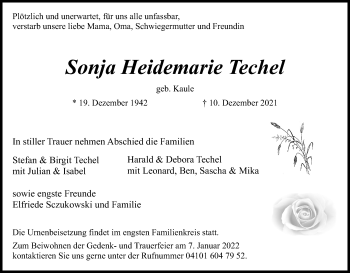 Anzeige von Sonja Heidemarie Techel von Kölner Stadt-Anzeiger / Kölnische Rundschau / Express