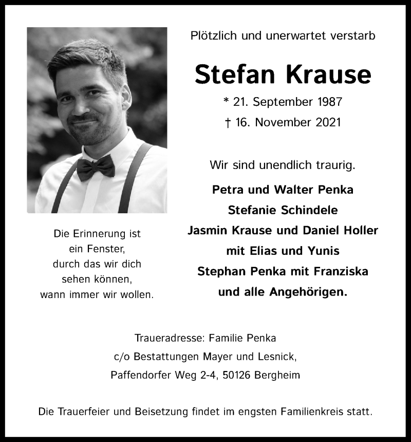  Traueranzeige für Stefan Krause vom 04.12.2021 aus Kölner Stadt-Anzeiger / Kölnische Rundschau / Express