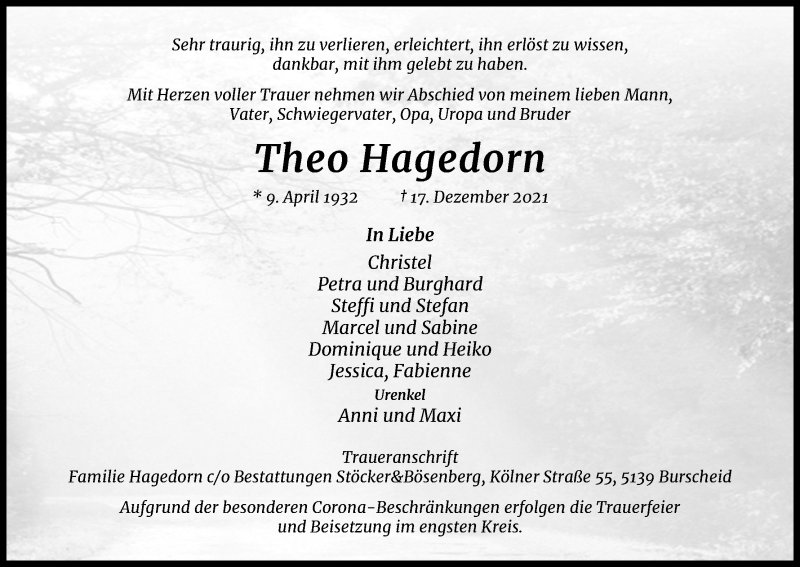  Traueranzeige für Theo Hagedorn vom 31.12.2021 aus Kölner Stadt-Anzeiger / Kölnische Rundschau / Express