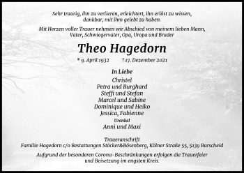 Anzeige von Theo Hagedorn von Kölner Stadt-Anzeiger / Kölnische Rundschau / Express