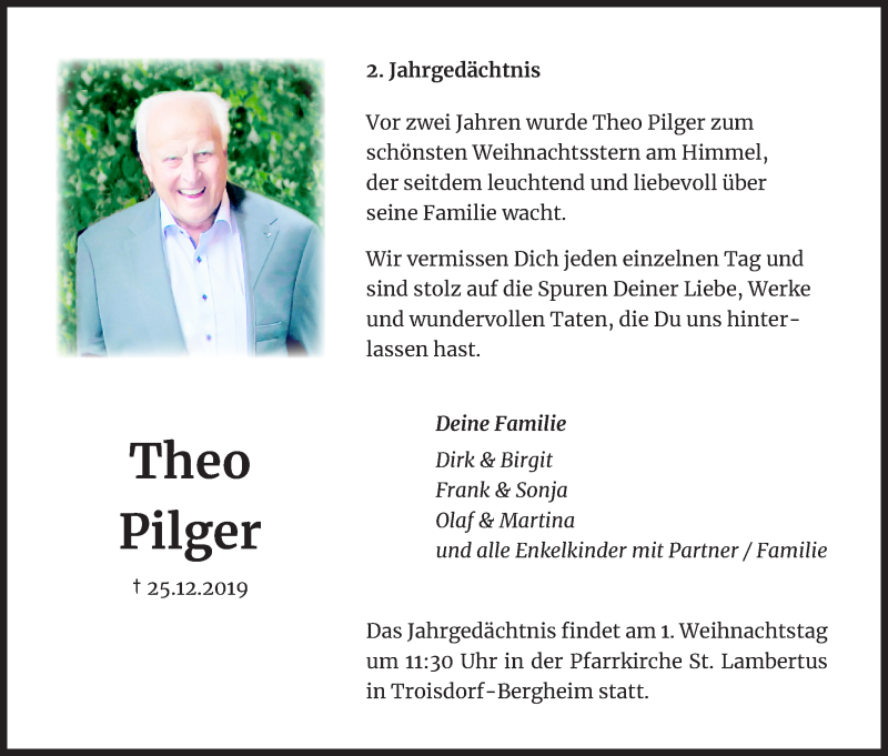  Traueranzeige für Theo Pilger vom 18.12.2021 aus Kölner Stadt-Anzeiger / Kölnische Rundschau / Express