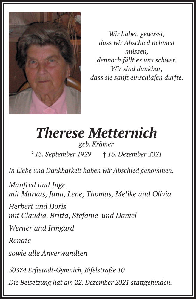  Traueranzeige für Therese Metternich vom 27.12.2021 aus  Werbepost 