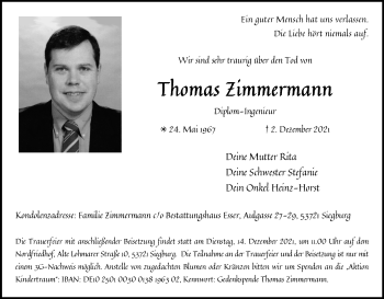 Anzeige von Thomas Zimmermann von Kölner Stadt-Anzeiger / Kölnische Rundschau / Express
