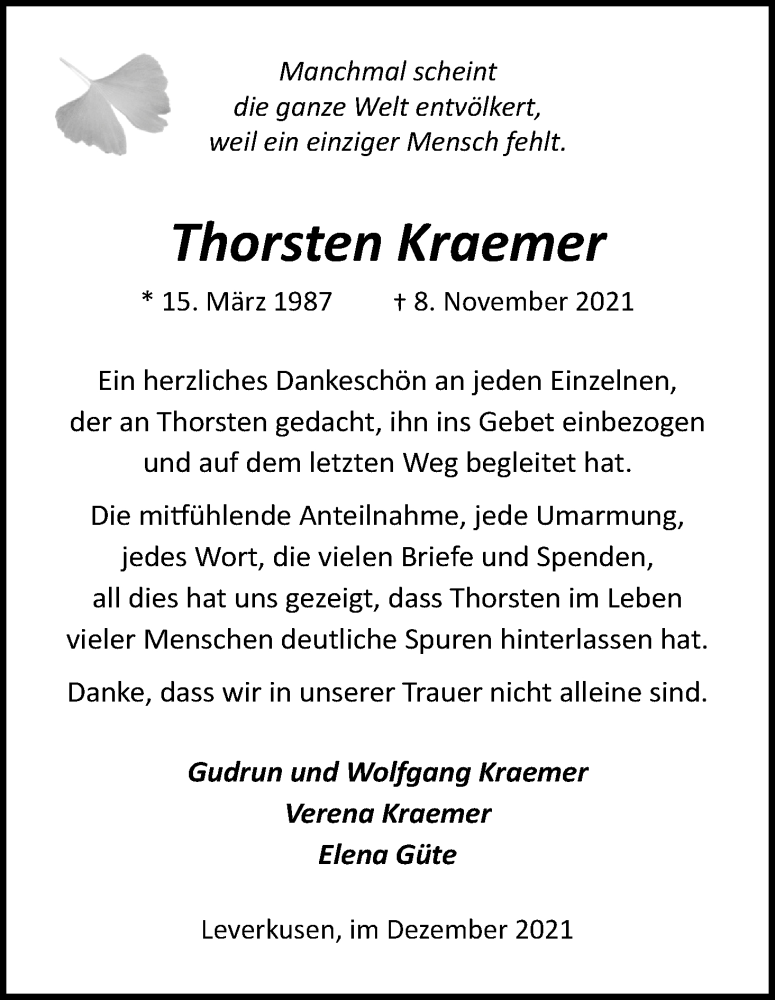  Traueranzeige für Thorsten Kraemer vom 18.12.2021 aus Kölner Stadt-Anzeiger / Kölnische Rundschau / Express