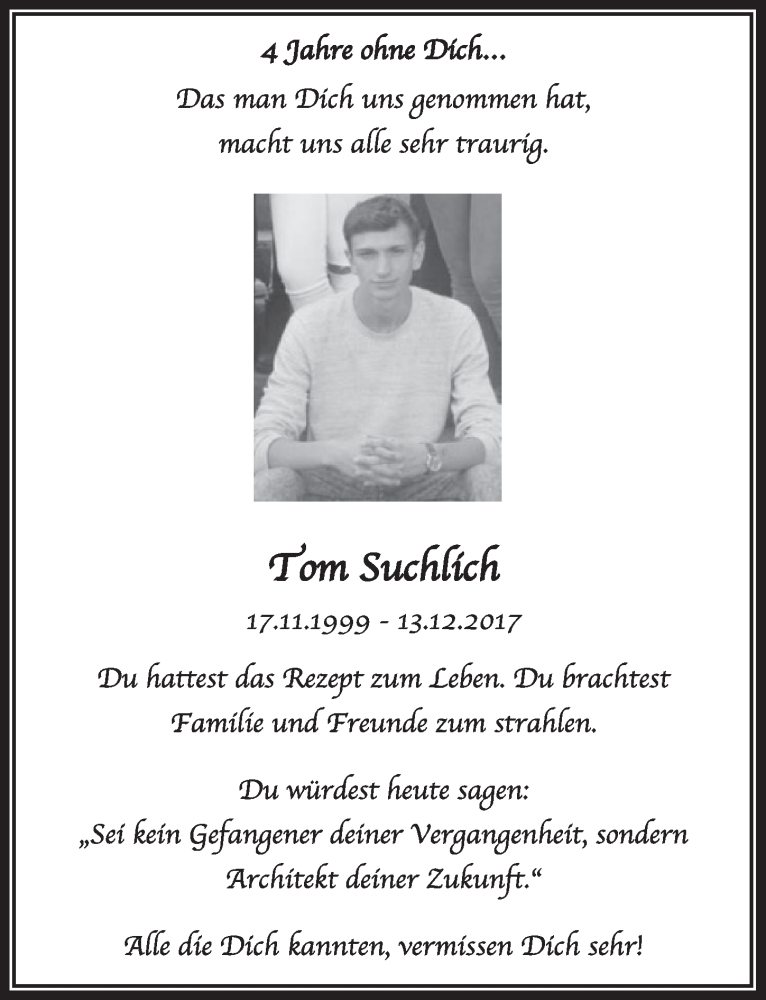  Traueranzeige für Tom Suchlich vom 17.12.2021 aus  Werbepost 