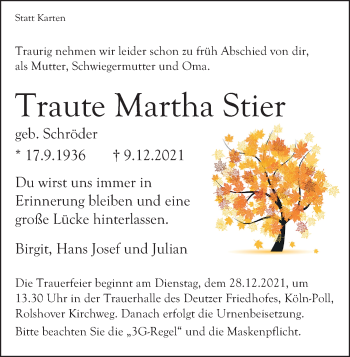 Anzeige von Traute Martha Stier von Kölner Stadt-Anzeiger / Kölnische Rundschau / Express
