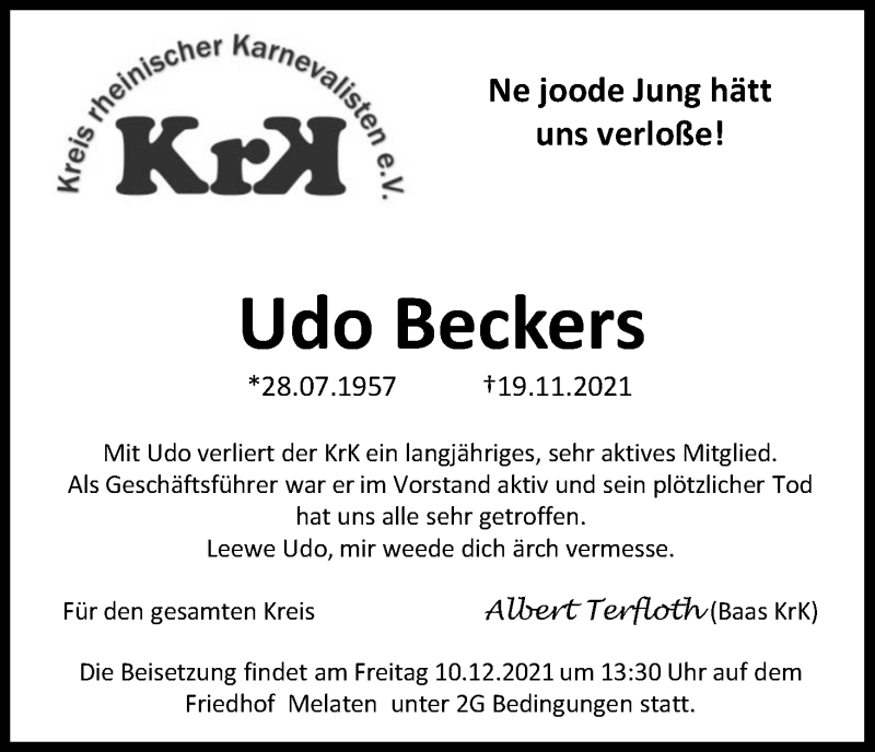  Traueranzeige für Udo Beckers vom 04.12.2021 aus Kölner Stadt-Anzeiger / Kölnische Rundschau / Express