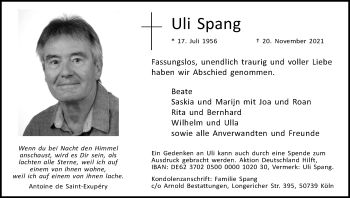 Anzeige von Uli Spang von Kölner Stadt-Anzeiger / Kölnische Rundschau / Express