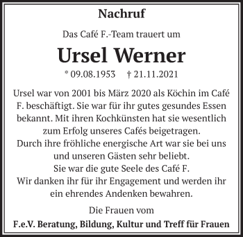 Anzeige von Ursel Werner von  Wochenende 
