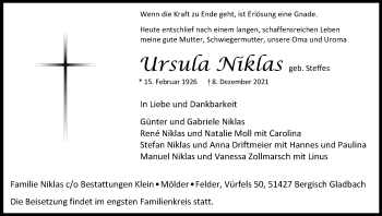 Anzeige von Ursula Niklas von Kölner Stadt-Anzeiger / Kölnische Rundschau / Express