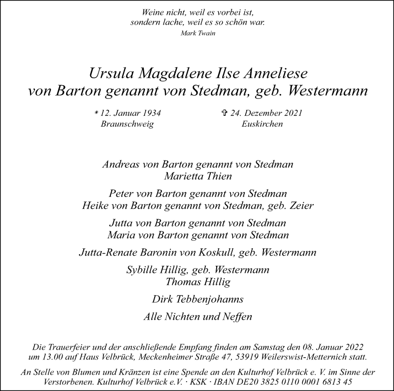  Traueranzeige für Ursula von Barton vom 31.12.2021 aus Kölner Stadt-Anzeiger / Kölnische Rundschau / Express