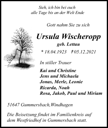Anzeige von Ursula Wischeropp von Kölner Stadt-Anzeiger / Kölnische Rundschau / Express