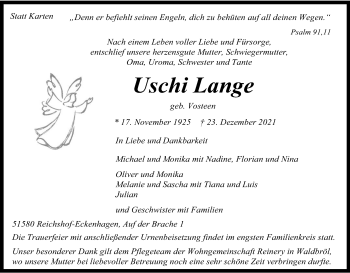 Anzeige von Uschi Lange von Kölner Stadt-Anzeiger / Kölnische Rundschau / Express