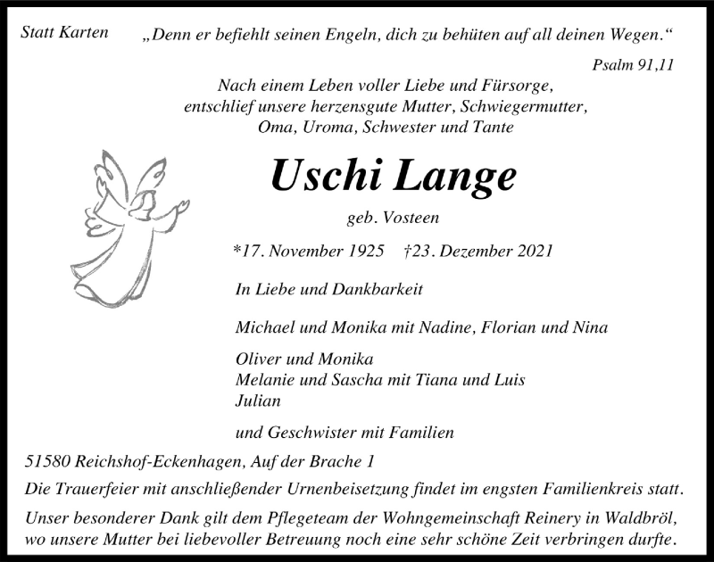  Traueranzeige für Uschi Lange vom 01.01.2022 aus  Anzeigen Echo 