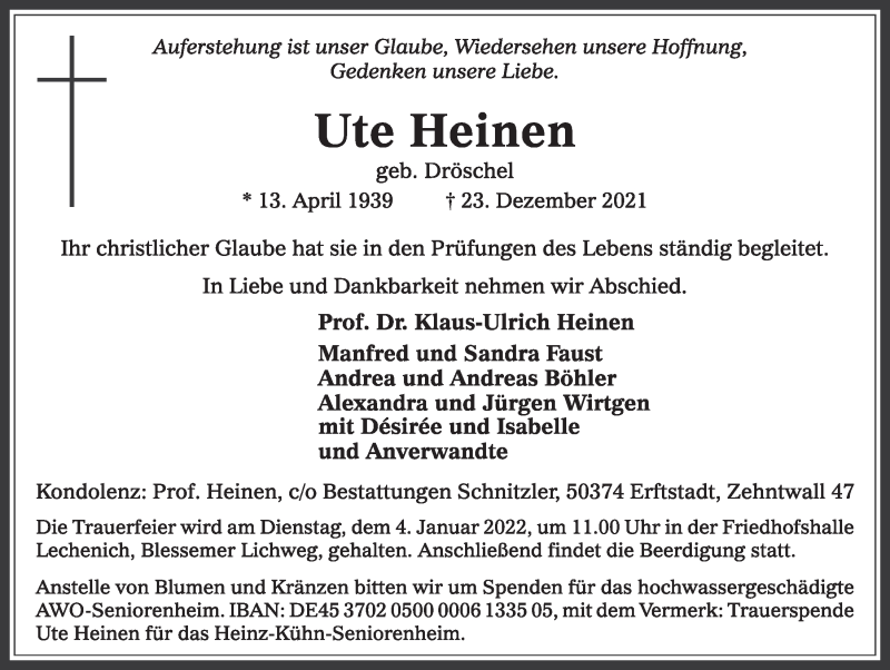  Traueranzeige für Ute Heinen vom 01.01.2022 aus  Werbepost 