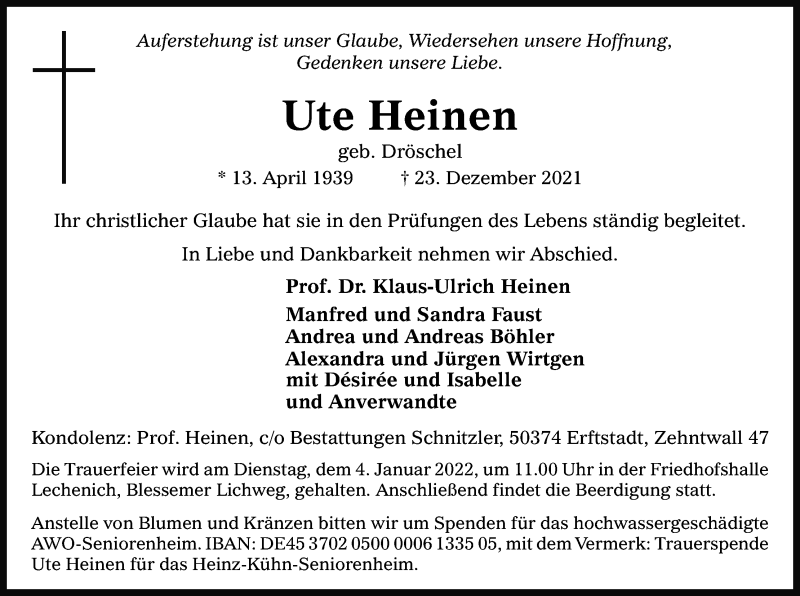  Traueranzeige für Ute Heinen vom 29.12.2021 aus Kölner Stadt-Anzeiger / Kölnische Rundschau / Express