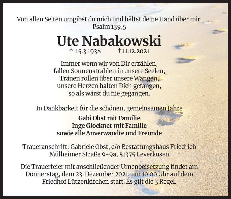  Traueranzeige für Ute Nabakowski vom 21.12.2021 aus Kölner Stadt-Anzeiger / Kölnische Rundschau / Express