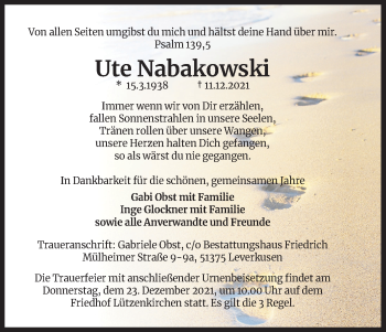 Anzeige von Ute Nabakowski von Kölner Stadt-Anzeiger / Kölnische Rundschau / Express