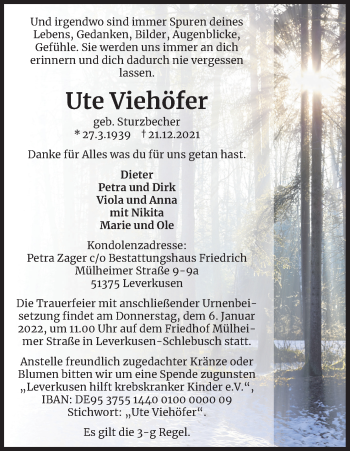 Anzeige von Ute Viehöfer von Kölner Stadt-Anzeiger / Kölnische Rundschau / Express