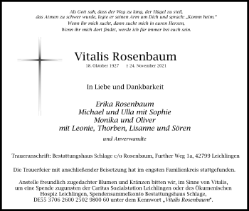 Anzeige von Vitalis Rosenbaum von Kölner Stadt-Anzeiger / Kölnische Rundschau / Express