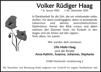 Anzeige von Volker Rüdiger Haag von  Anzeigen Echo 
