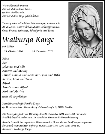 Anzeige von Walburga Karge von Kölner Stadt-Anzeiger / Kölnische Rundschau / Express