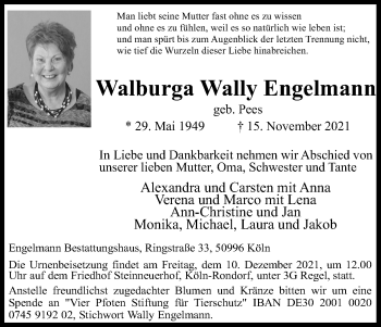 Anzeige von WalburgaWally Engelmann von Kölner Stadt-Anzeiger / Kölnische Rundschau / Express