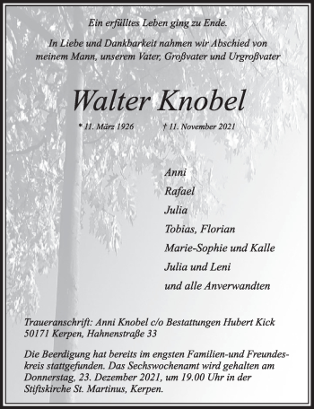 Anzeige von Walter Knobel von  Werbepost 