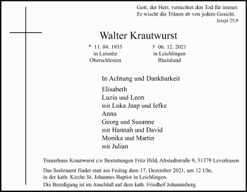 Anzeige von Walter Krautwurst von Kölner Stadt-Anzeiger / Kölnische Rundschau / Express