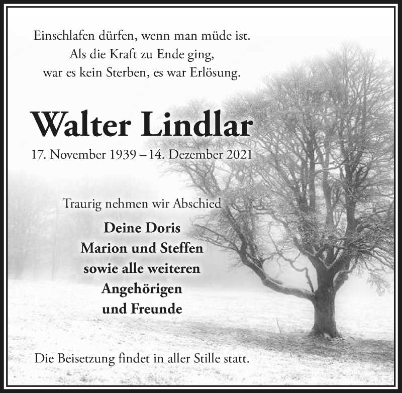  Traueranzeige für Walter Lindlar vom 27.12.2021 aus  Bergisches Handelsblatt 