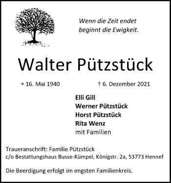 Anzeige von Walter Pützstück von Kölner Stadt-Anzeiger / Kölnische Rundschau / Express