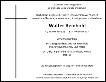 Anzeige von Walter Reinhold von Kölner Stadt-Anzeiger / Kölnische Rundschau / Express
