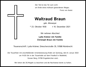 Anzeige von Waltraud Braun von Kölner Stadt-Anzeiger / Kölnische Rundschau / Express