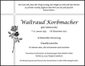 Anzeige von Waltraud Korbmacher von Kölner Stadt-Anzeiger / Kölnische Rundschau / Express