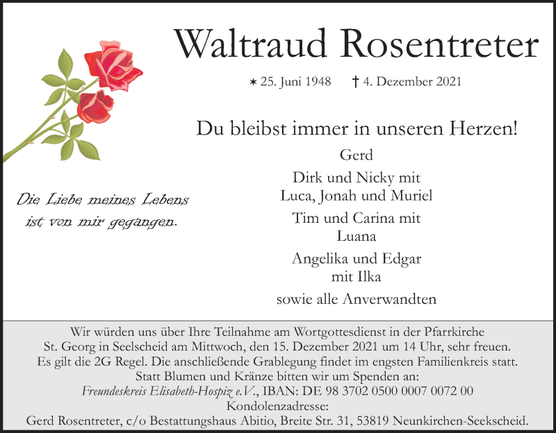  Traueranzeige für Waltraud Rosentreter vom 11.12.2021 aus Kölner Stadt-Anzeiger / Kölnische Rundschau / Express