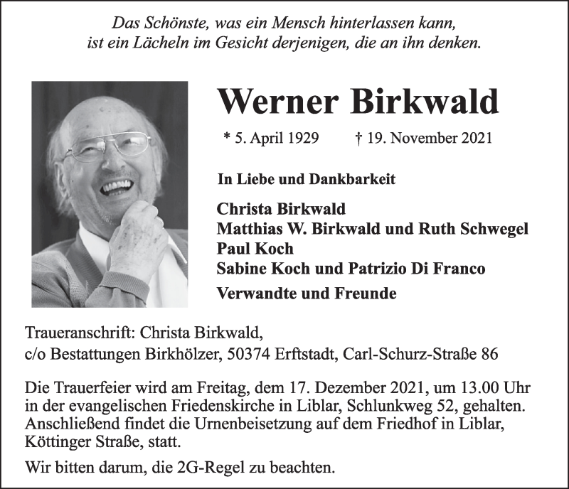  Traueranzeige für Werner Birkwald vom 10.12.2021 aus  Werbepost 