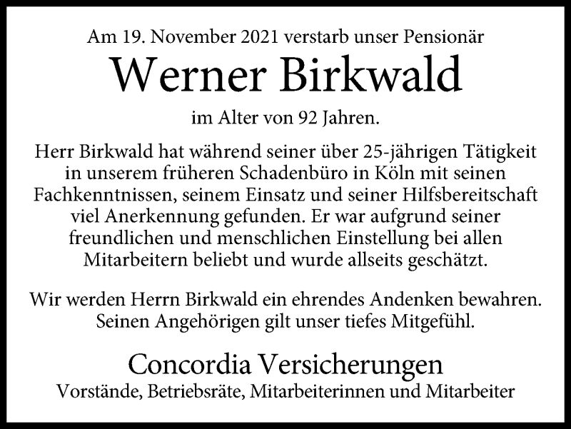  Traueranzeige für Werner Birkwald vom 11.12.2021 aus Kölner Stadt-Anzeiger / Kölnische Rundschau / Express