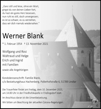 Anzeige von Werner Blank von  Anzeigen Echo 