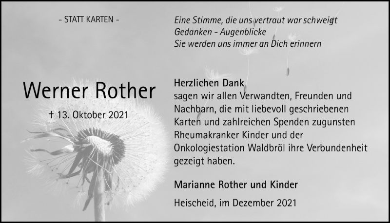  Traueranzeige für Werner Rother vom 27.12.2021 aus  Anzeigen Echo 
