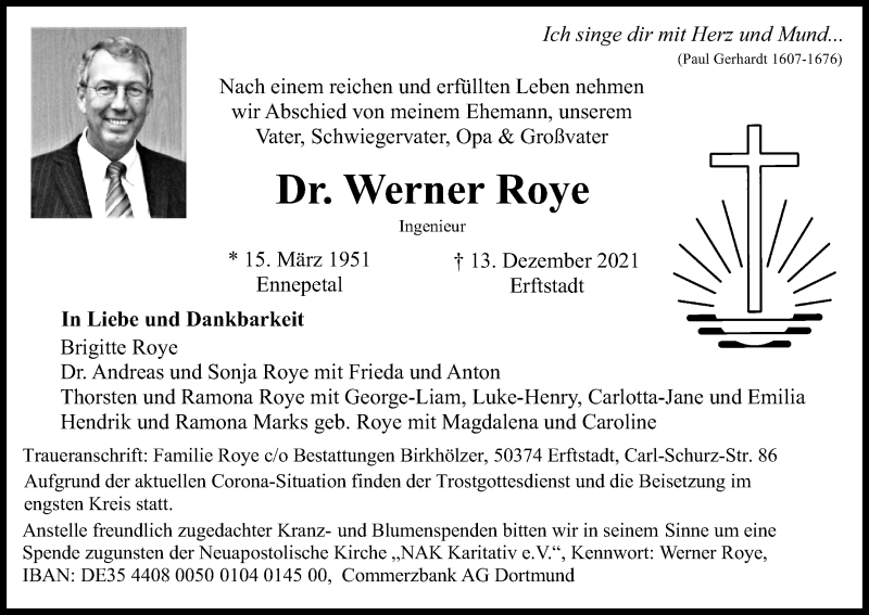  Traueranzeige für Werner Roye vom 18.12.2021 aus Kölner Stadt-Anzeiger / Kölnische Rundschau / Express