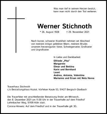 Anzeige von Werner Stichnoth von Kölner Stadt-Anzeiger / Kölnische Rundschau / Express
