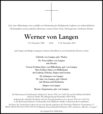 Anzeige von Werner von Langen von Kölner Stadt-Anzeiger / Kölnische Rundschau / Express