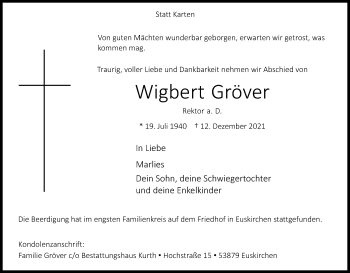 Anzeige von Wigbert Gröver von Kölner Stadt-Anzeiger / Kölnische Rundschau / Express
