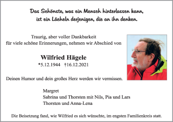 Anzeige von Wilfried Hägele von Kölner Stadt-Anzeiger / Kölnische Rundschau / Express