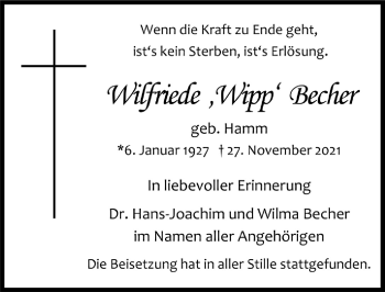 Anzeige von Wilfriede Becher von  Bergisches Handelsblatt 
