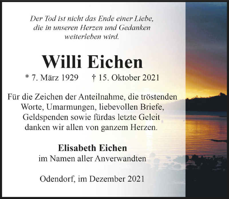  Traueranzeige für Willi Eichen vom 03.12.2021 aus  Schaufenster/Blickpunkt 