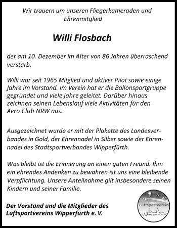 Anzeige von Willi Flosbach von Kölner Stadt-Anzeiger / Kölnische Rundschau / Express