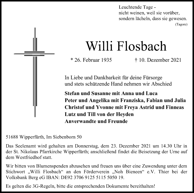  Traueranzeige für Willi Flosbach vom 18.12.2021 aus Kölner Stadt-Anzeiger / Kölnische Rundschau / Express