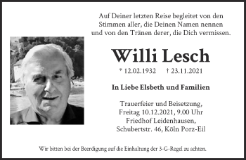 Anzeige von Willi Lesch von  Kölner Wochenspiegel 
