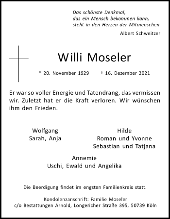 Anzeige von Willi Moseler von Kölner Stadt-Anzeiger / Kölnische Rundschau / Express